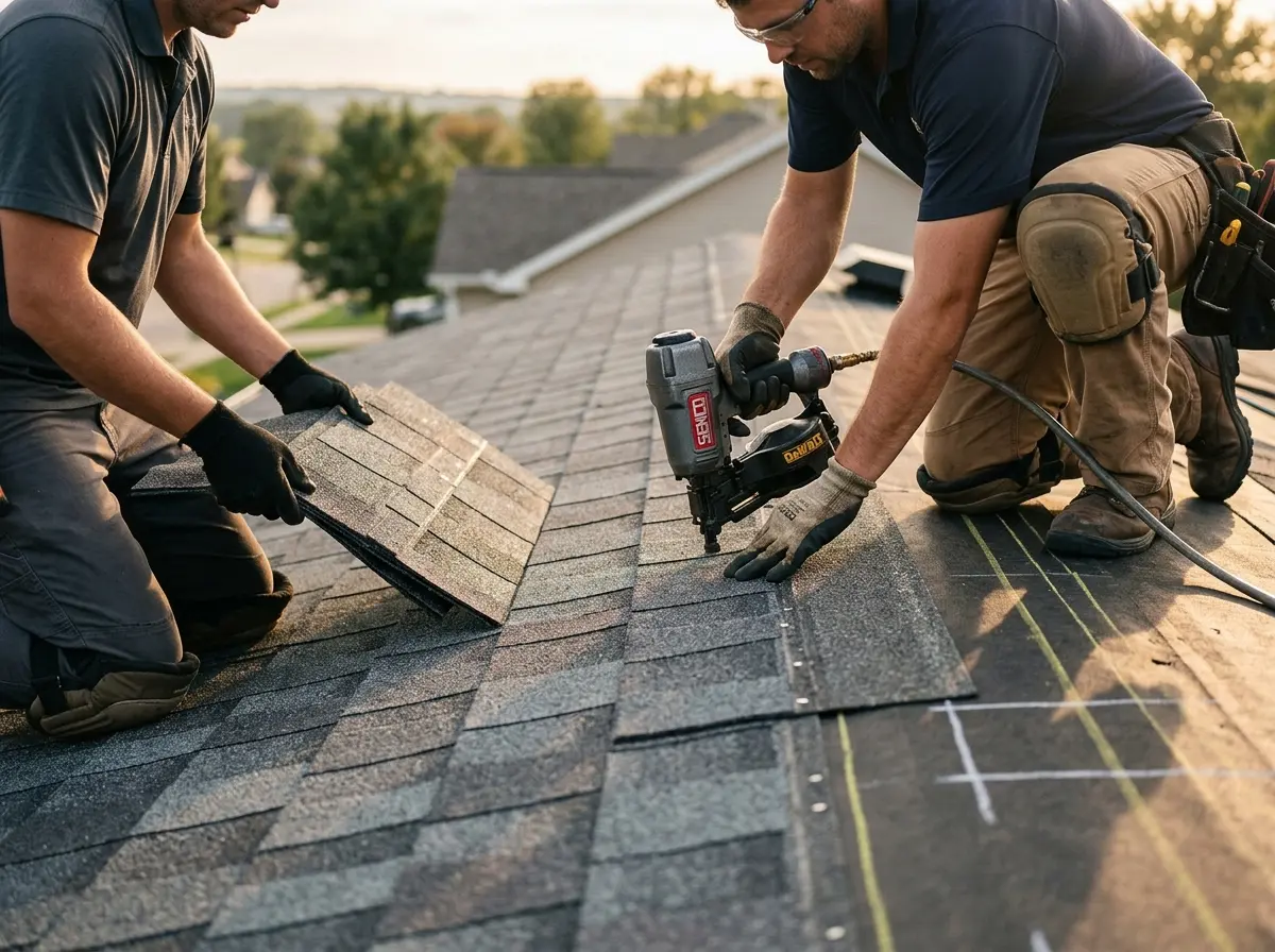 Professional roofer working on a residential roof in Dahlonega